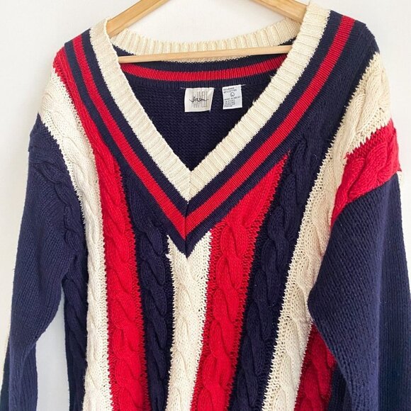 Vintage Jason Maxwell Red White and  Blue V Neck Wool Cotton Pullover L - Picture 4 of 6
